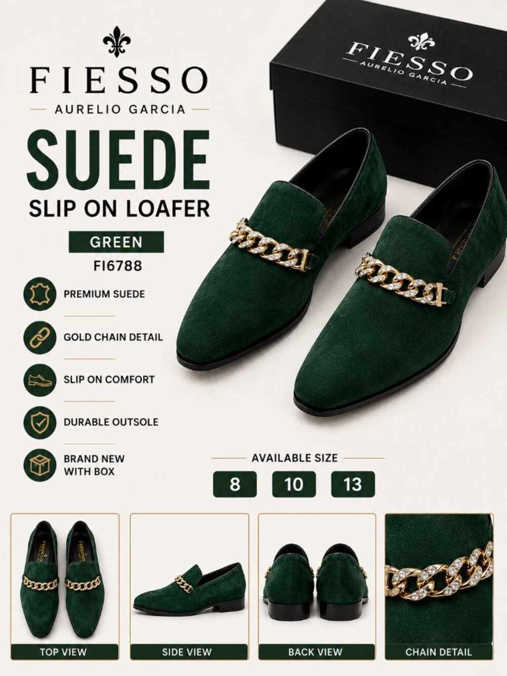 NWB Fiesso by Aurelio Garcia Green Suede Chain Loafers FI6788 Men's Shoes
